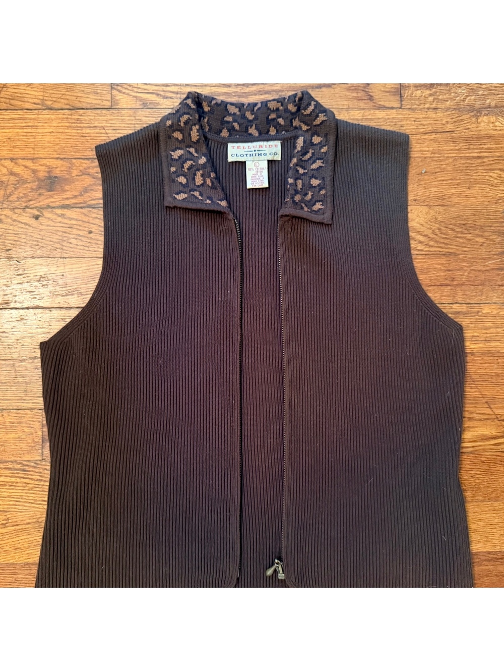 Vintage Zippered Telluride Cotton Ribbed Vest with Leopard Collar